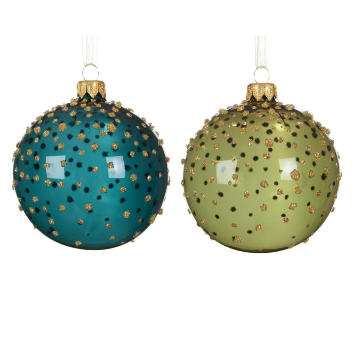 Twee kerstballen, één turquoise en één olijfgroen, versierd met gouden stippen.