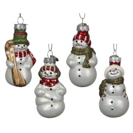 Four cheerful snowman ornaments in white, adorned with red scarves and hats.