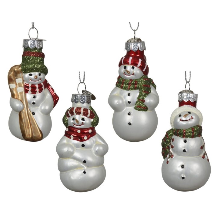 Four cheerful snowman ornaments in white, adorned with red scarves and hats.