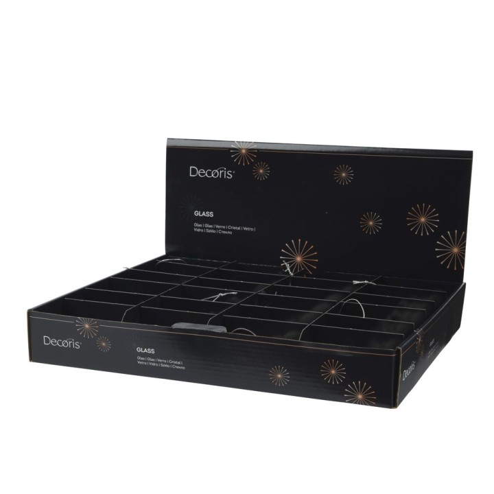 A black box with gold starburst designs, divided into sections for glass storage.