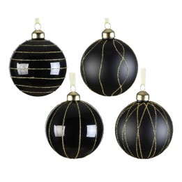 Vier elegante zwarte kerstballen met gouden lijnen en details, variërend in patronen.