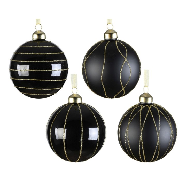 Vier elegante zwarte kerstballen met gouden lijnen en details, variërend in patronen.
