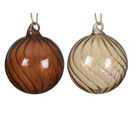Two glass ornaments, one amber brown and one creamy beige, both with elegant swirling patterns.