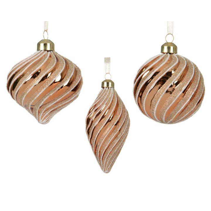 Three elegant glass ornaments in soft rose gold with spiral designs and glitter accents.