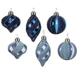 Zes kerstballen in verschillende tinten blauw en groen, met glanzende en matte afwerkingen.