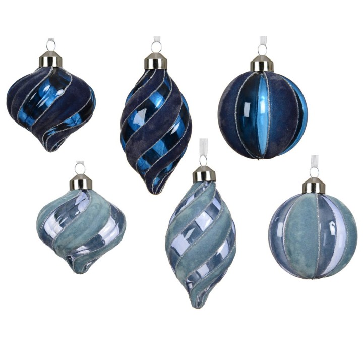 Elegant glass ornaments in shades of blue and teal, featuring swirls and shiny surfaces.