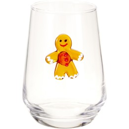 Heldere glazen beker met een vrolijke, gele gemberkoekman in het midden.