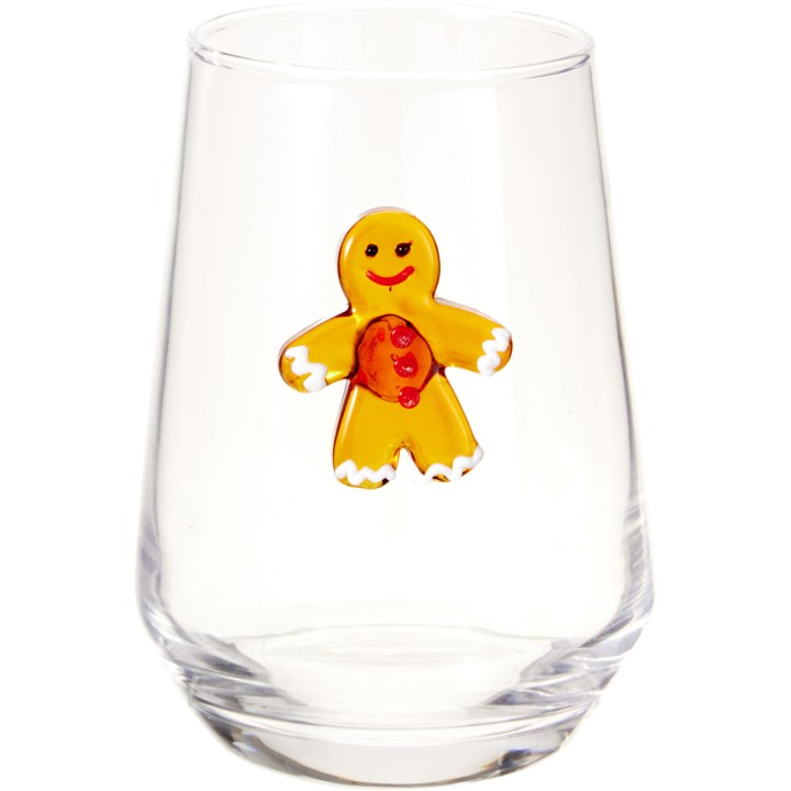 A clear glass with a cheerful gingerbread man design in the center.