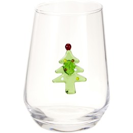 Heldere glazen beker met een groene kerstboom van glas als decoratie, afgewerkt met kleurrijke de...