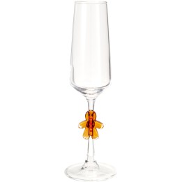 Een heldere champagneglaz met een oranje gembermannetje als voet.