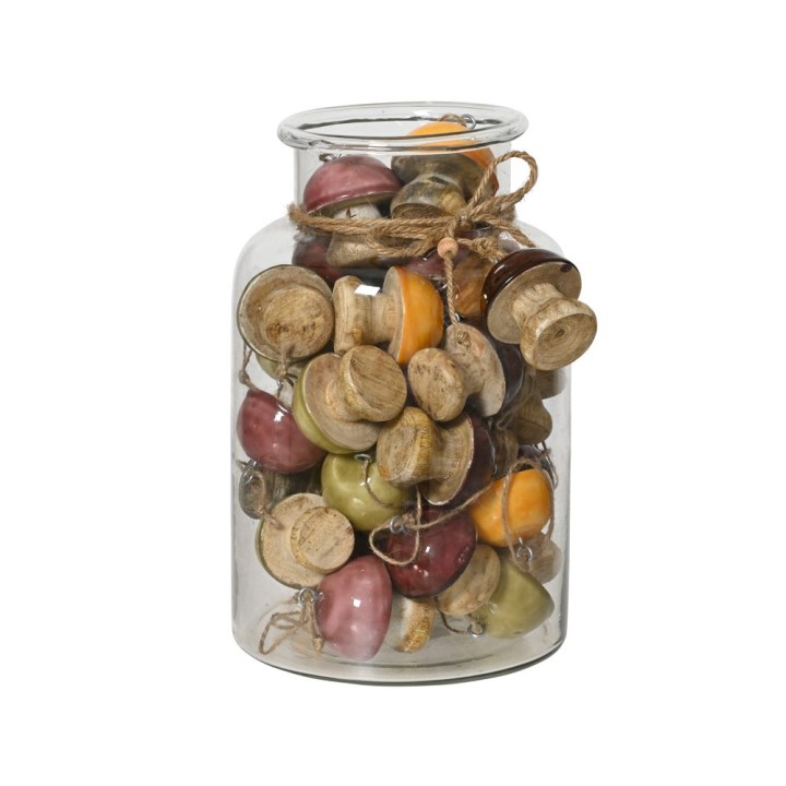 A glass jar filled with colorful wooden spools tied with twine.