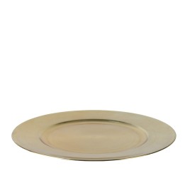 A sleek, round gold plate with a smooth, reflective surface.