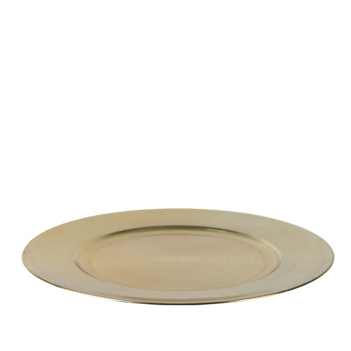 A sleek, round gold plate with a smooth, reflective surface.