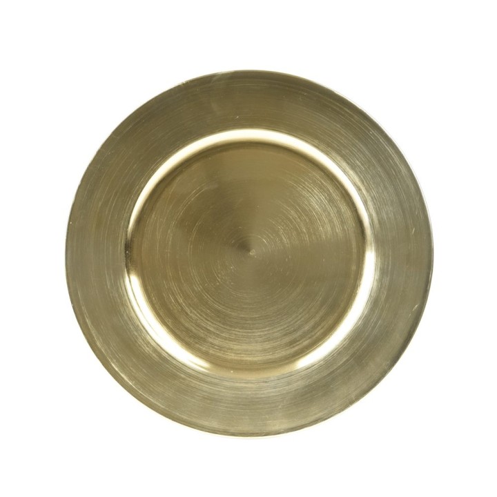 A shiny, round gold plate with a smooth, brushed finish and a subtle rim.