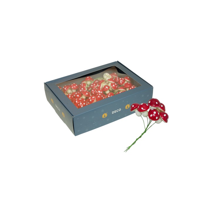 A box containing decorative red and white mushrooms with a whimsical, playful design.