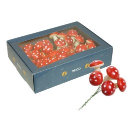 A box of vibrant red mushrooms with white spots, crafted for decorative use.