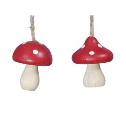 Two red mushroom ornaments with white spots, hanging by natural twine.