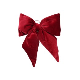 A large, luxurious red velvet bow with soft, folded edges and a shiny center loop.
