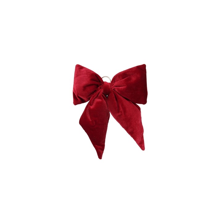 A large, luxurious red velvet bow with soft, folded edges and a shiny center loop.