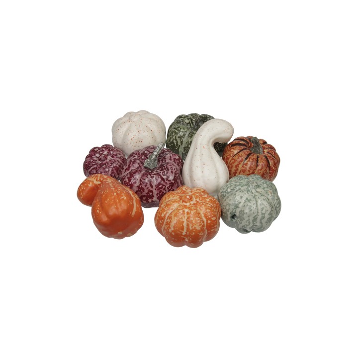 A collection of colorful decorative pumpkins in various shapes and sizes.