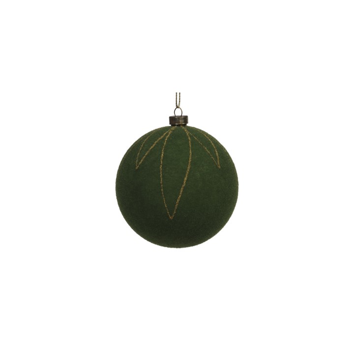 A plush green Christmas ornament with elegant gold leaf designs.