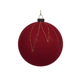 A plush red Christmas ornament with golden decorative lines.