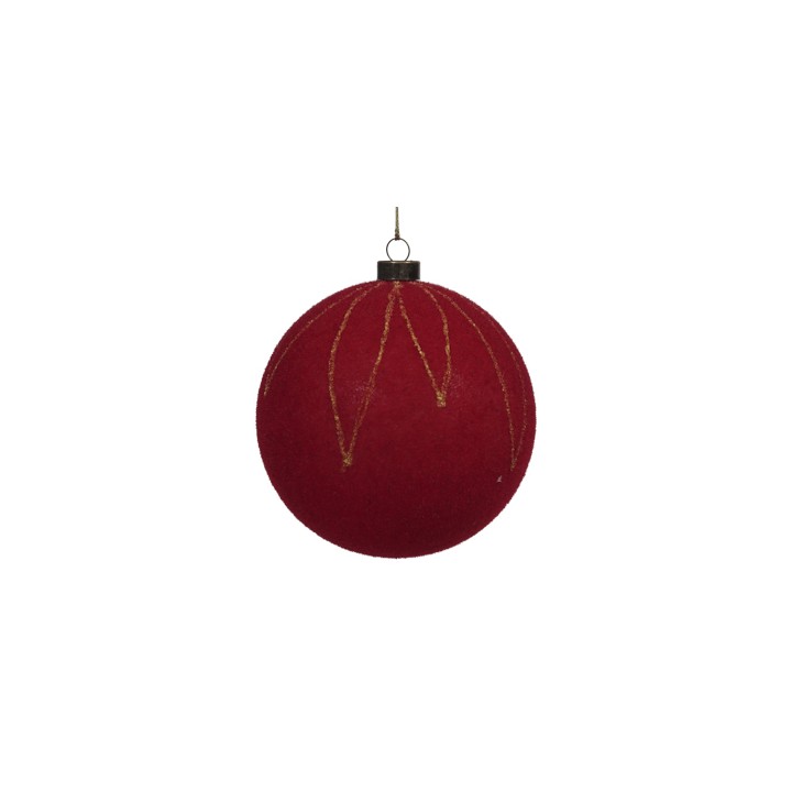 A plush red Christmas ornament with golden decorative lines.