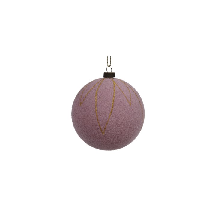 A soft pink ornament with golden leaf-like designs, hanging from a delicate string.