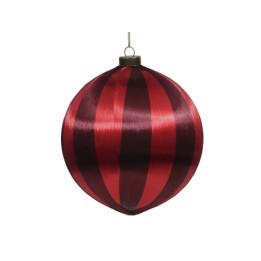 A round ornament with bold red and dark red stripes, shiny and smooth in texture.