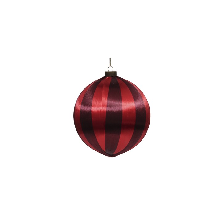 A round ornament with bold red and dark red stripes, shiny and smooth in texture.