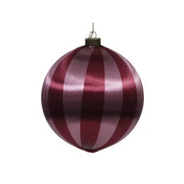 A shiny, round ornament with alternating dark red and light pink stripes.