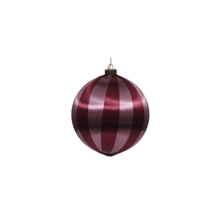 A shiny, round ornament with alternating dark red and light pink stripes.