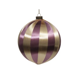 A round ornament with alternating shiny purple and gold stripes, reflecting light beautifully.