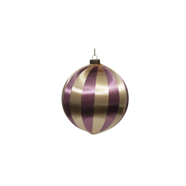A round ornament with alternating shiny purple and gold stripes, reflecting light beautifully.