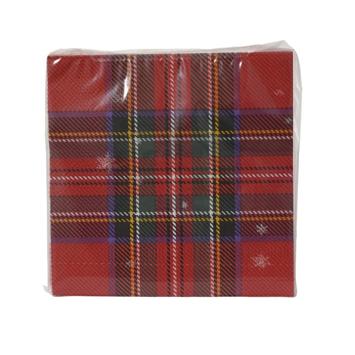 Red tartan-patterned napkins with black and green accents, neatly packaged.