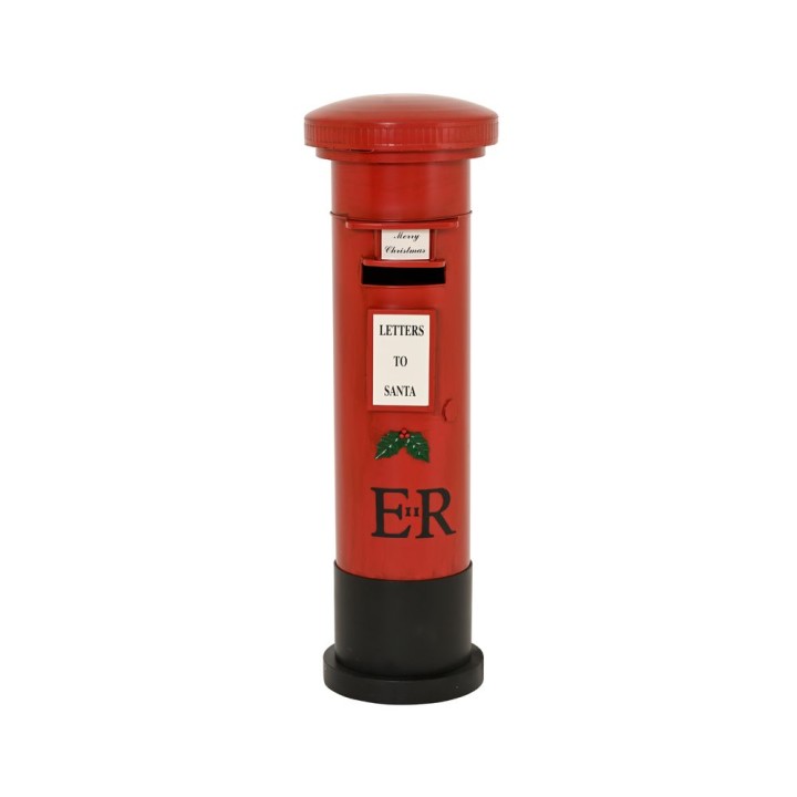 A red postbox with a rounded top, labeled "Letters to Santa," featuring festive decorations.