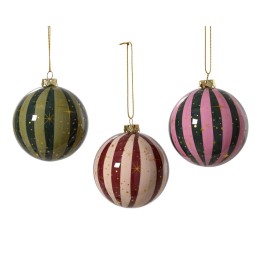 Three colorful, striped glass ornaments with gold accents and a festive shine.