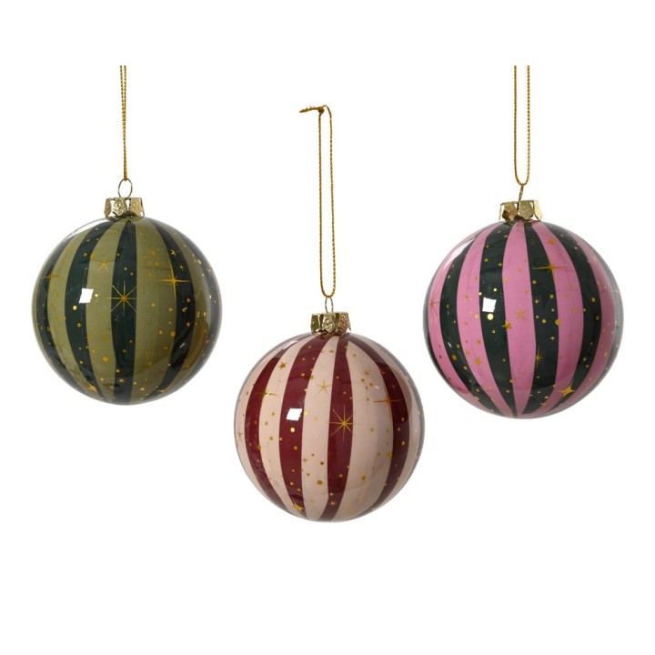 Three colorful, striped glass ornaments with gold accents and a festive shine.