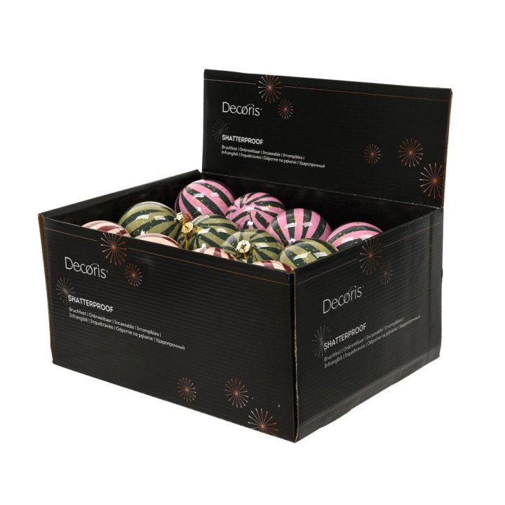 A black box filled with colorful, shatterproof ornaments in various patterns.