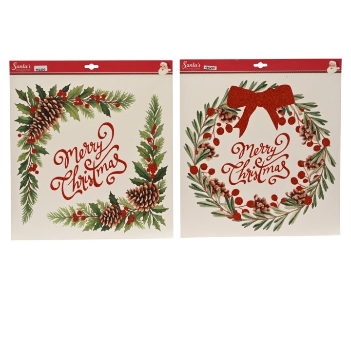 Two festive wreath designs with "Merry Christmas" in elegant red script, adorned with pinecones a...