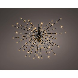 A starburst chandelier with thin black branches adorned with warm glowing lights.