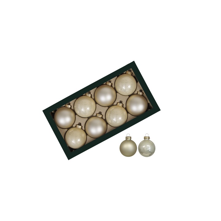 Tien glanzende kerstballen in zachte, neutrale tinten, netjes in een doos gepresenteerd.
