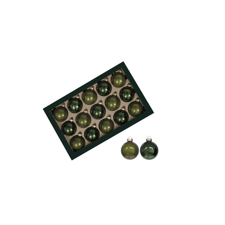 A box of shiny green ornaments in various shades, some lying beside the box.