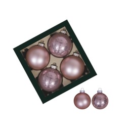 Four glossy pink ornaments in a dark green box, with two smaller matching ones beside.