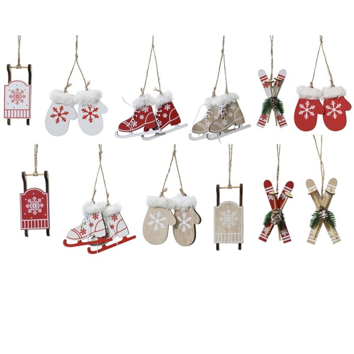 Colorful wooden holiday ornaments shaped like ice skates, mittens, sleds, and skis, adorned with ...