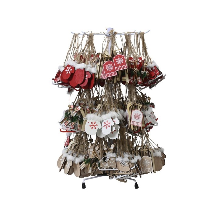 A festive display of winter-themed ornaments on a stand, featuring mittens and sleds.