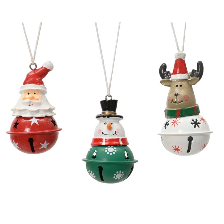 Three colorful holiday bells: Santa, a snowman, and a reindeer, each with festive hats.
