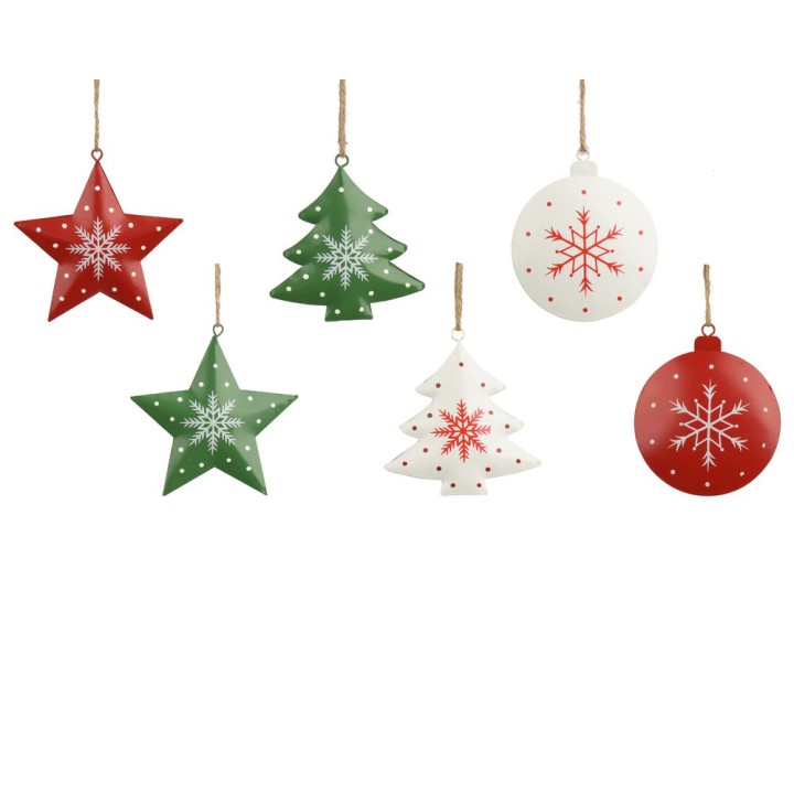 Colorful Christmas ornaments in red, green, and white with snowflake designs.