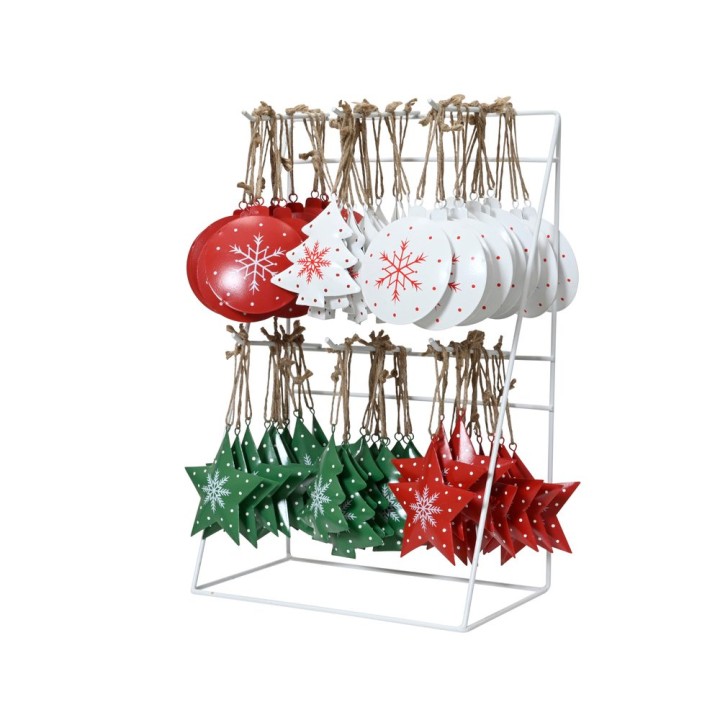 Colorful holiday ornaments in red, white, and green, hanging on a white display rack.