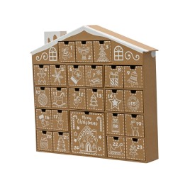 A festive cardboard advent calendar shaped like a cozy house, decorated with white illustrations.